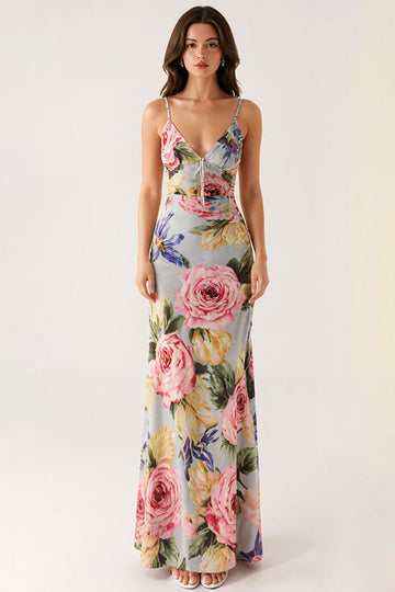 Robe de soirée sirène à bretelles spaghetti florales bleu gris